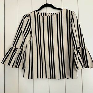 Alice + Olivia Vertical Stripe Blouse Bell Sleeve Back Zip Black & Off White S